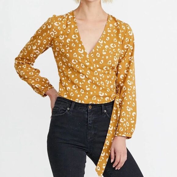 Marine Layer Carmen Wrap Blouse Size Small Camel Leopard Print Long Sleeve Top - Picture 1 of 12